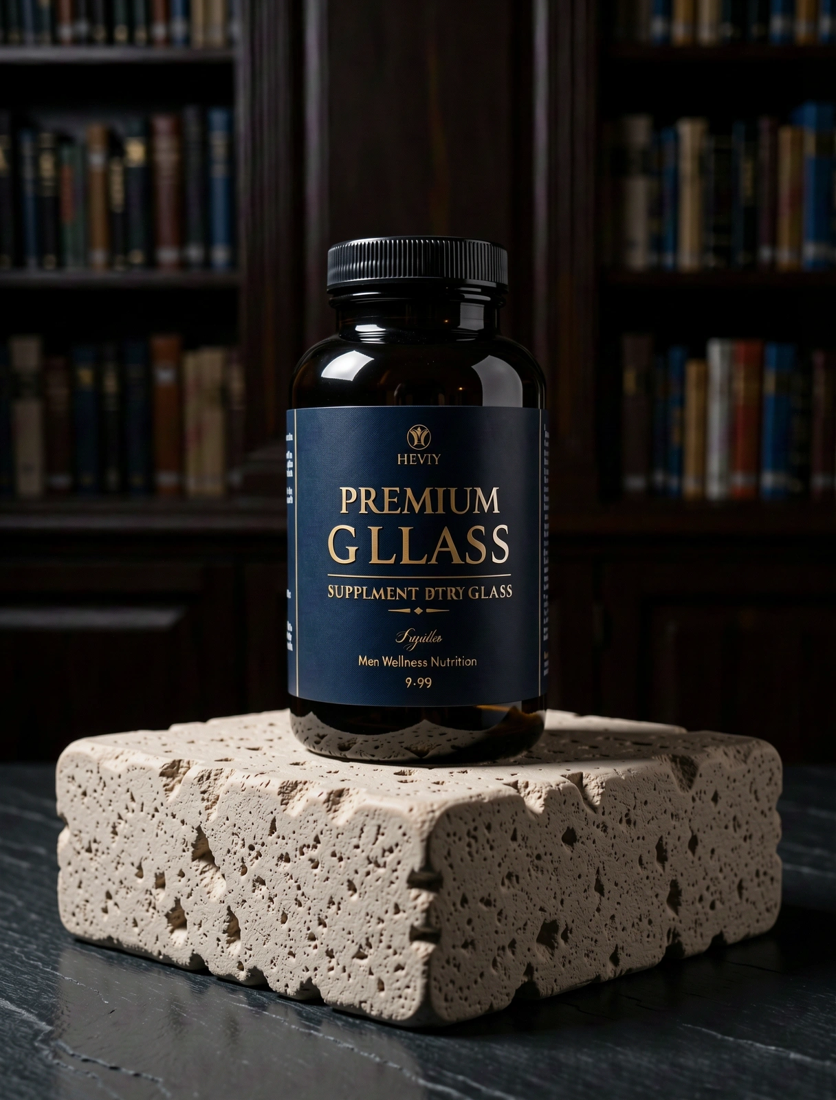 Premium nutritional glass bottle on limestone